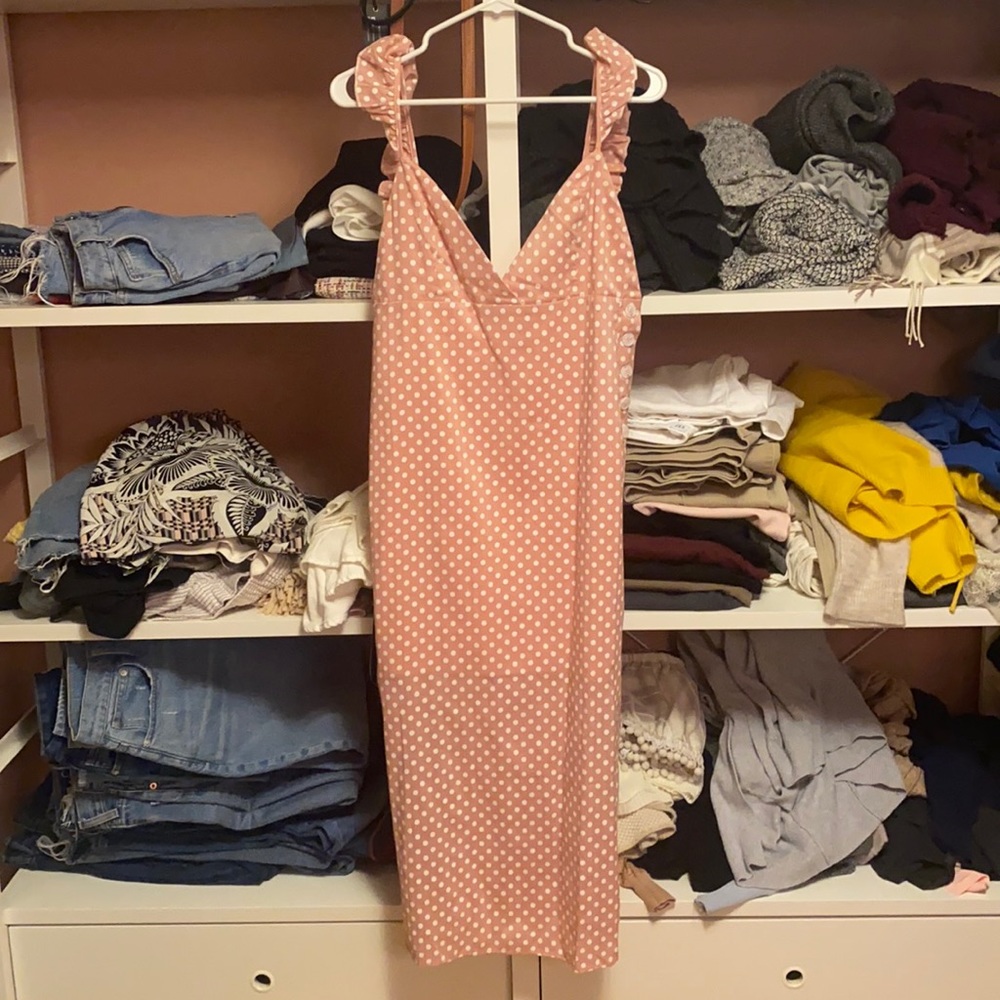 Polka dot pink and white midi dress, ruffle straps